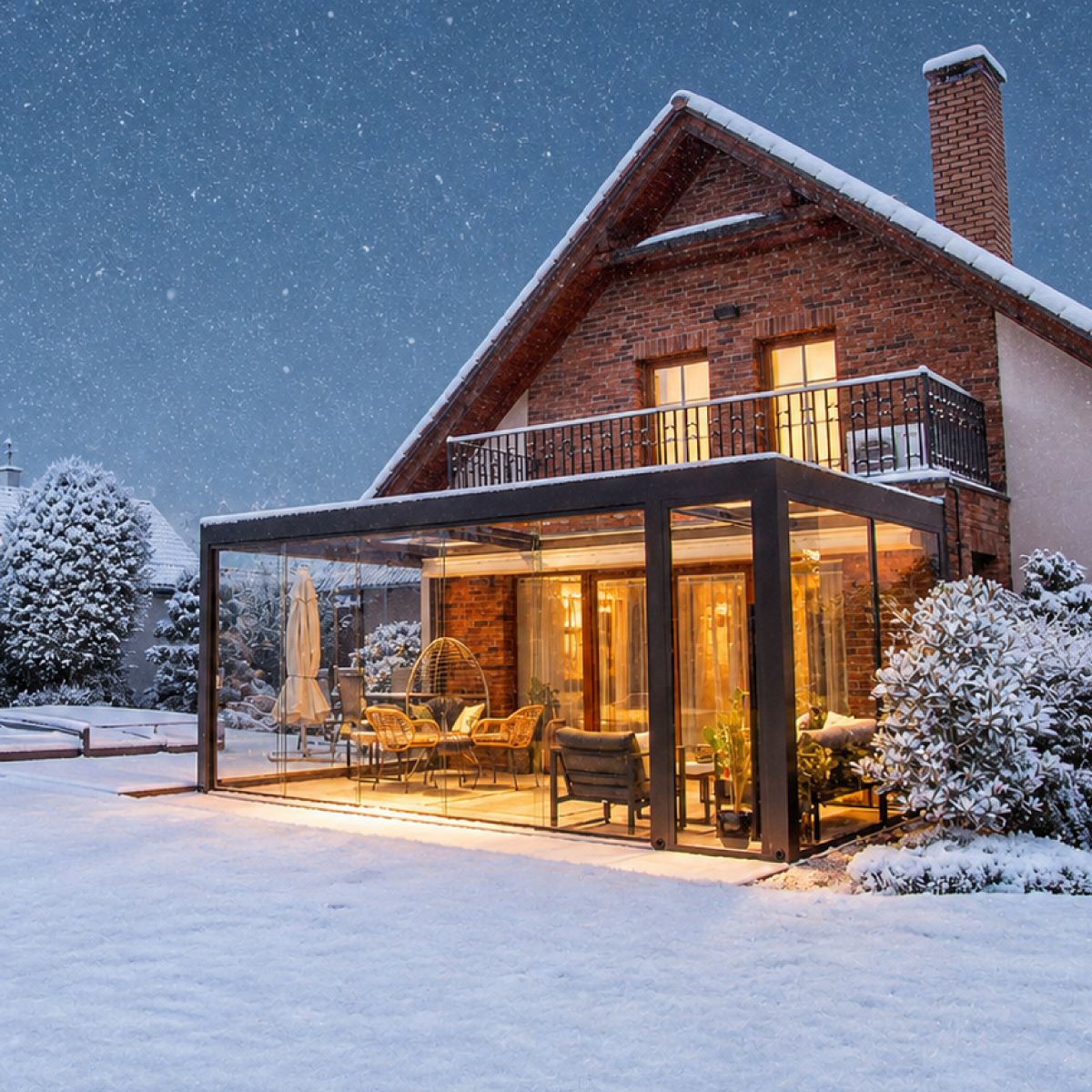 A glass room off a brick house on a winter evening, lit from inside, snow on the ground