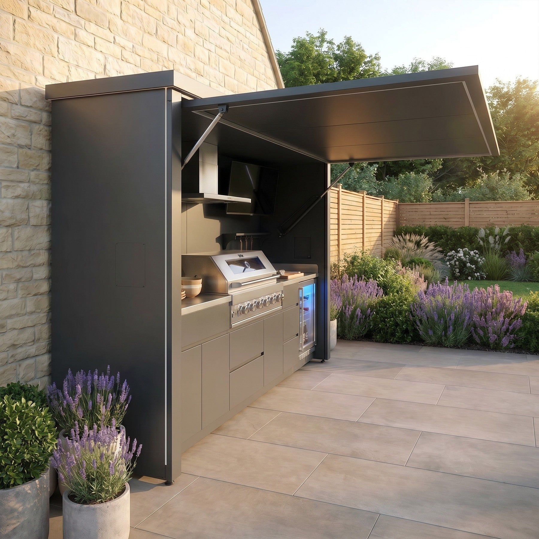 An outdoor kitchen cube seen from the side with the door up, planting around it (supplier photograph)